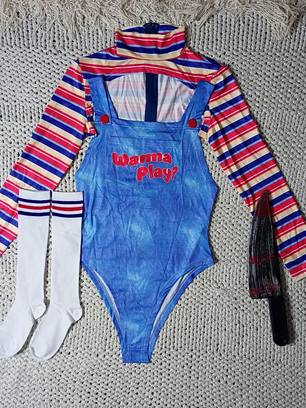 NWOT 'Wanna Play" Evil Doll Halloween Costume Set W/ Outfit, Socks, Prop, M